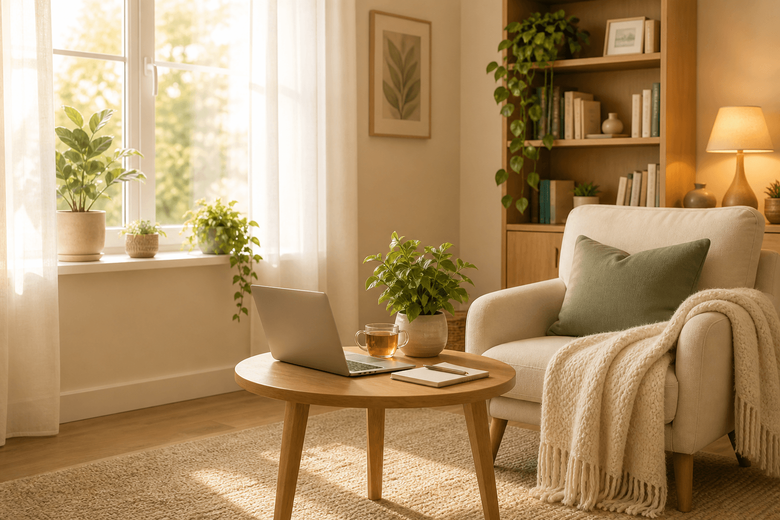 A warm, sunlit corner with a cosy armchair, plants, tea and a laptop