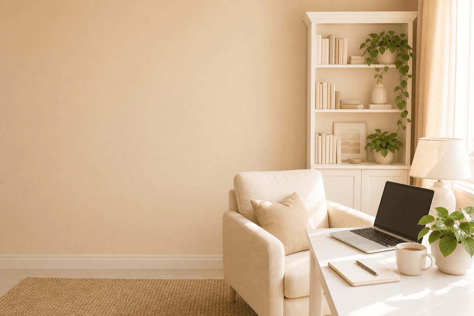 A warm cream home workspace with laptop and tea for online therapy sessions