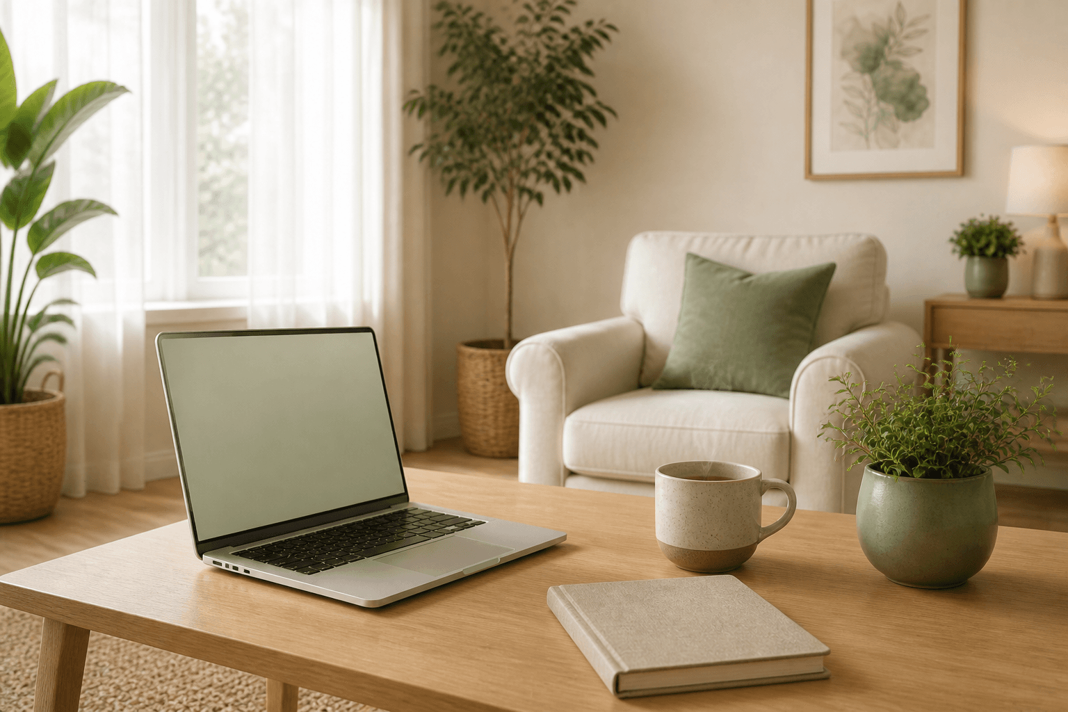 A calm cream home workspace with laptop, tea and sage plants for online therapy