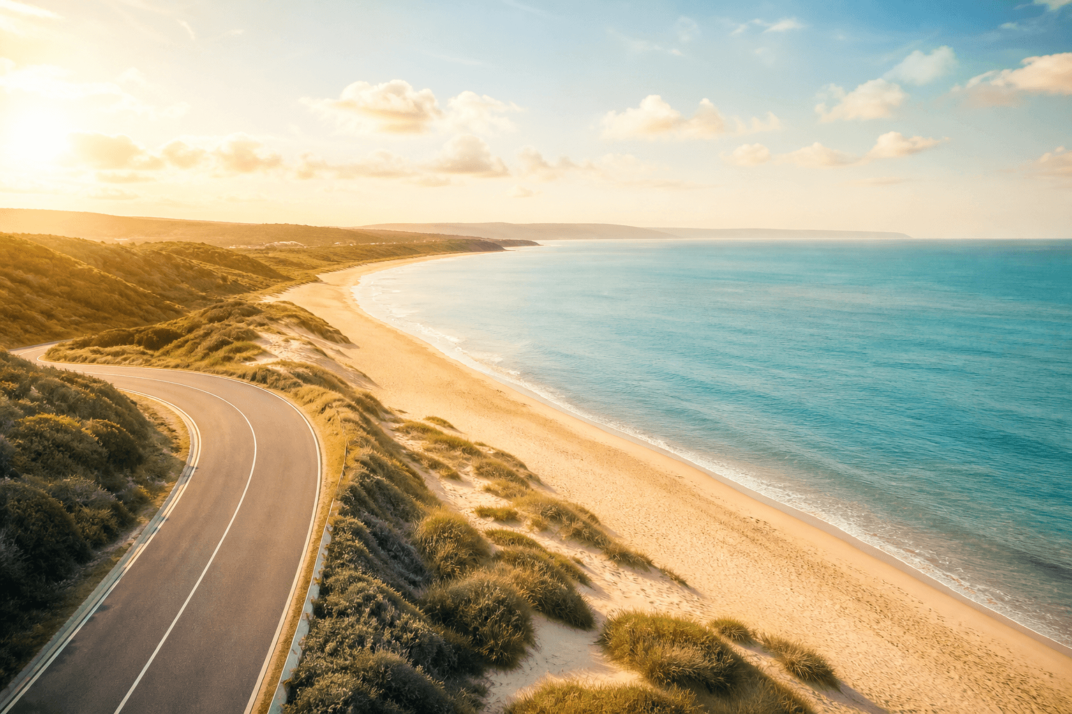 Aerial view of a sunny coastal road beside a golden beach and calm turquoise sea