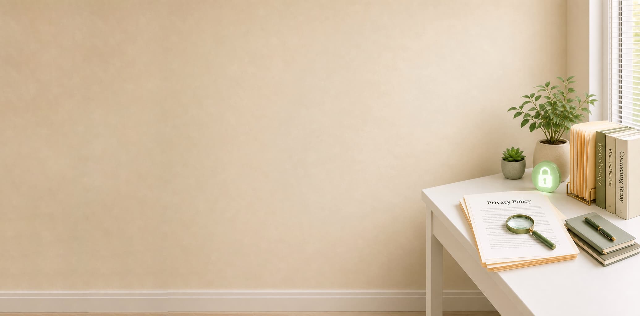 Privacy policy documents on a white desk with folders, books and a secure lock symbol