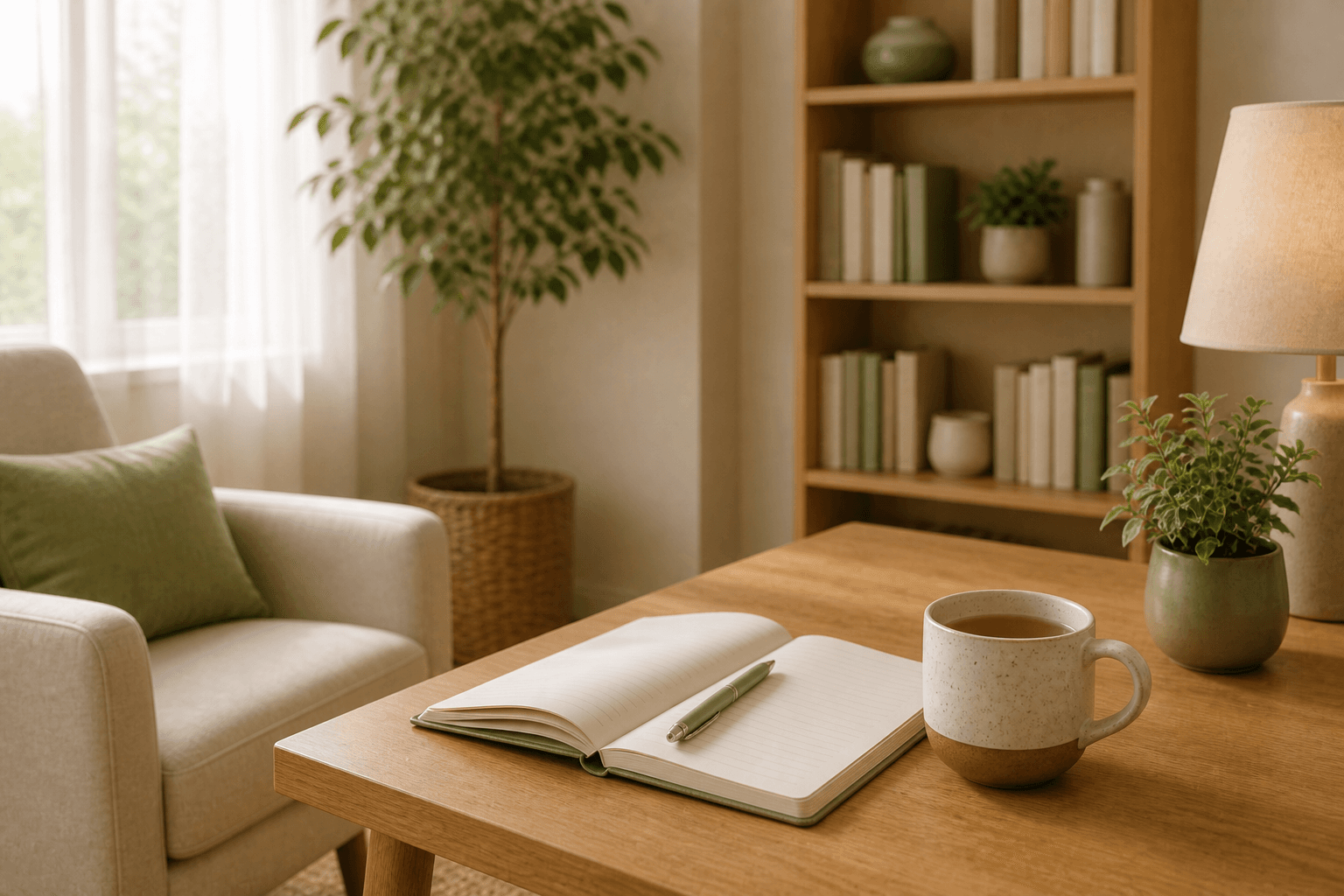A quiet reflective desk with notebook and tea for clinical supervision